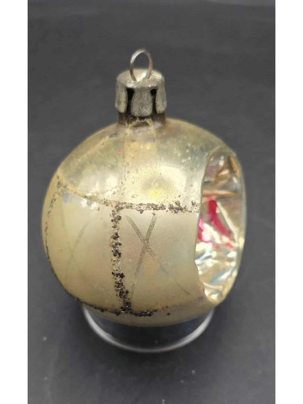 Vintage MCM Mercury Glass Indented Reflector Mica Stripes Christmas Ornament